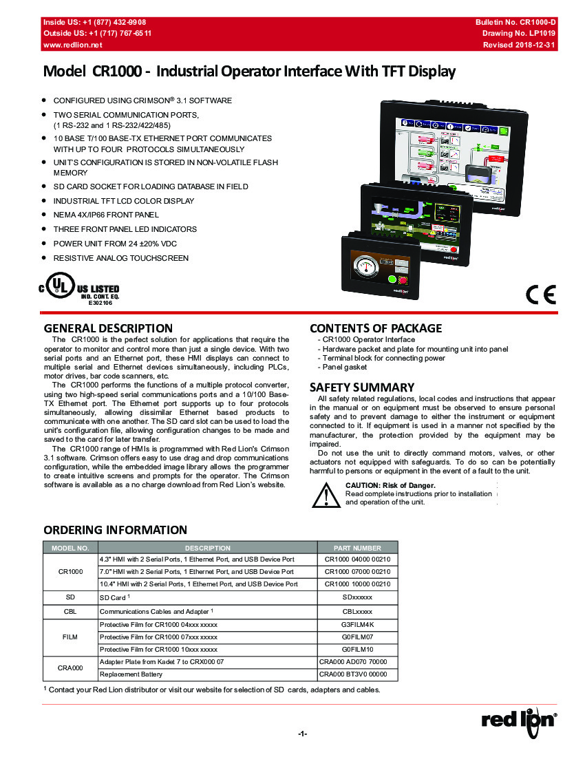 First Page Image of Red Lion CR10001000000210 Product Manual.pdf